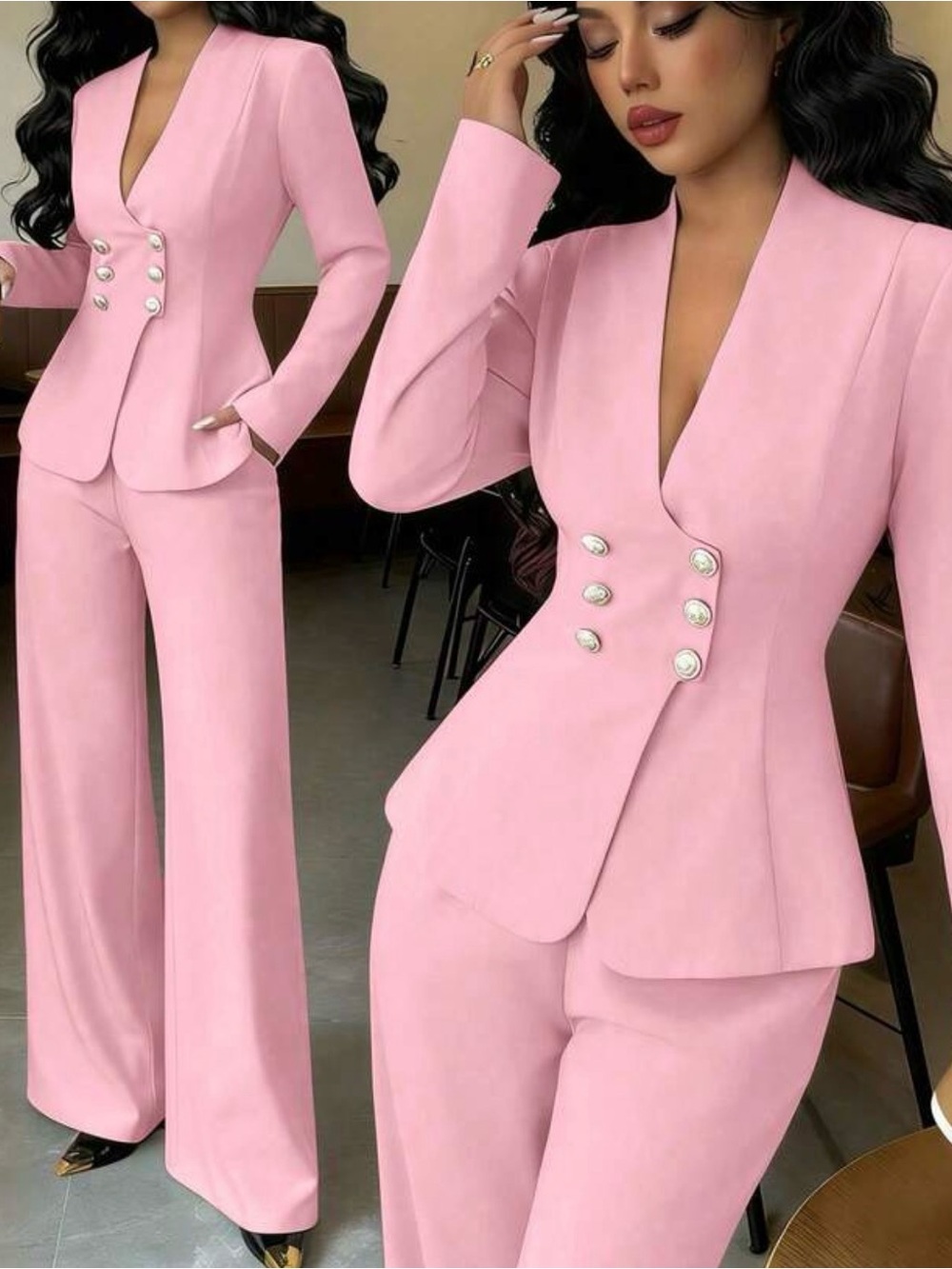 Elegant Pink Wide-Leg Pantsuit with Pearl-Button Blazer